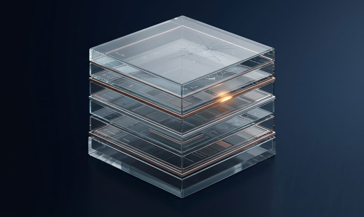 Représentation conceptuelle d'une structure de capital préférentielle en couches transparentes, la couche supérieure fragilisée évoquant le risque structurel de l'instrument STRC